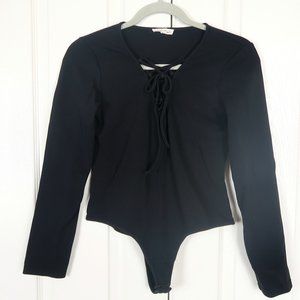 Black Lace Up Long Sleeve Bodysuit Medium